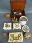 A selection of ceramic pots, silver plated flatware, wooden box,
