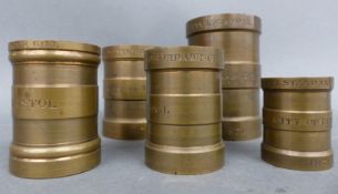 Five Victorian City of Bristol 1871 standard turned brass fluid measures,
