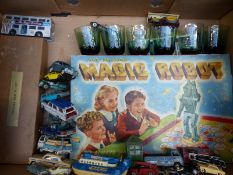 Corgi and Dinky diecast toys, boxed Magic Robot and Test Match games, glasses,