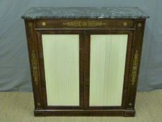 A 19thC brass inlaid rosewood marble topped pier cabinet,