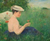 Francois Gall (1912-1987) oil on canvas of a pretty girl in a poppy field, signed lower left,