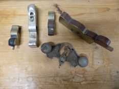 Five vintage woodworking planes including three 19th/20thC brass and mahogany chariot planes in the