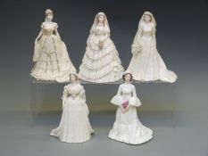 Five Coalport figurines Queen Victoria, Queen Mary, The Queen, Princess Alexandra and The Bride,
