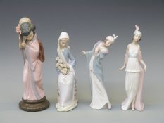 Four Lladro figures including Japanese girl, two Art Deco figures etc,