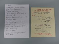 Hand written Winston Churchill speech notes with amendments;