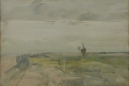 Attributed to Harry Becker watercolour of a windmill in fields, possibly Suffolk,