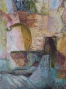 Sushila Singh (1904-1999) oil on board abstract architectural study, 91cm x 71cm,