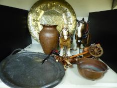 Hammered pewter tray, copper vase, brass tray,