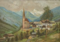 Schlegelberger oil on canvas Alpine landscape with village, signed and dated lower right 1947,
