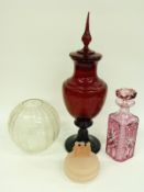 Four pieces of decorative glassware comprising a Victorian etched glass globular lamp shade with