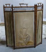 A 19thC Chinese bamboo silk screen with embroidered central panel of foxgloves,