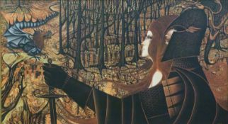 A 1970s print of mythological scene 'Another Time' of a knight and lady with the Lambton worm,