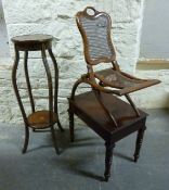 An inlaid mahogany jardiniere stand, child's bergere folding seat, small table and a copper table,