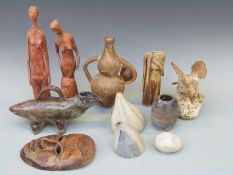 Eleven pieces of studio pottery by Barry Wade mostly figural, vessels after Picasso and Brancusi,