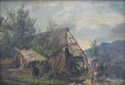 An oil on paper laid on panel of a pastoral scene,