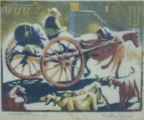 Harold Frederick Weaver Hawkins (1893-1977) 'Maltese Cart' lino cut of cart with goats in