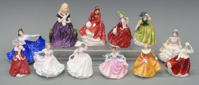 Twelve small Royal Doulton figurines including Affection, Emma, Gail, Autumn Breezes etc,