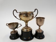 Three Worcestershire Regiment and other interest trophy cups to include hallmarked silver example