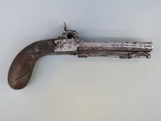 Continental percussion hammer action side by side pistol with engraved lock and underside,