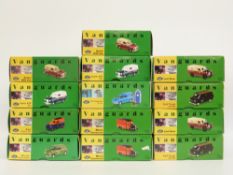 Thirteen Vanguards 1:43 scale diecast model vans and van sets including Austin, Land Rover, Morris,