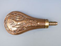 Copper and brass pistol powder flask with embossed decoration of stags, game birds,