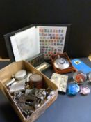 A quantity of collectables including corkscrews, hip flasks, paper weights,