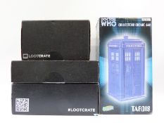 Dr Who Tardis cookie jar in original box together with three promotional Loot Crates containing