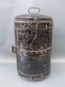 Grenadier Guards bearskin tin/hat box named Lt J M E Asken black metal with hinged door,
