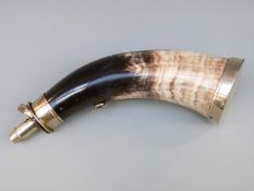 G & J W Hawksley horn powder flask with white metal mounts and suspension loop,