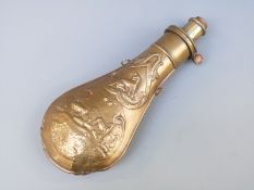G & J W Hawksley brass powder flask with embossed decoration of stags and dogs to both sides on