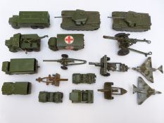 Seventeen Dinky Toys and Britains diecast model military vehicles including tanks and aeroplanes