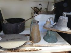 Large copper saucepan probably 19thC vintage bronze and brass bell, large cow bell, footscrapers,