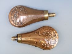 Two copper and brass powder flasks with embossed decoration of gentlemen shooting with dogs,