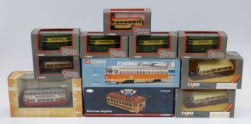 Eleven Corgi diecast model buses and trams including Original Omnibus Company (OOC),