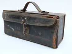 WWII military motorcycle tool box with embossed date 1943 and ministry arrow,