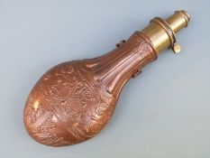 Sykes copper and brass powder flask with embossed reeded and acanthus leaf decoration and two