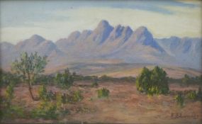 Edwin Edwards oil of hills beyond trees,