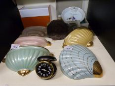 A collection of retro items including wall pockets by Sadler, Limoges baby feeding plate,