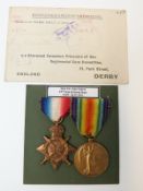WWI medal pair awarded to 3945 Pte John Judson 1/5th Notts & Derby Regiment (taken prisoner of war
