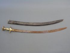 Indian Tulwar with brass handle and leather covered scabbard,