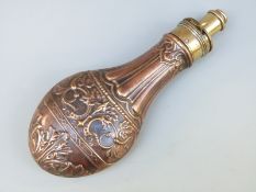 G & J W Hawksley copper and brass powder flask with embossed reeded and acanthus leaf decoration,