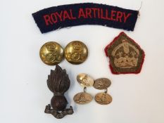 A collection of WWII related Royal Artillery ephemera to include a pair of white metal cufflinks,