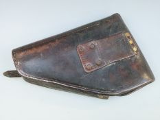 WWI brown leather and brass pistol or revolver holster with belt mount and two compartments to the