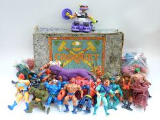 A vintage miniature wooden croquet set in original box together with various action figures