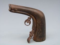 Persian Barut Dan steel powder flask with Damascene decoration and two pierced hangers, 12.5cm long.