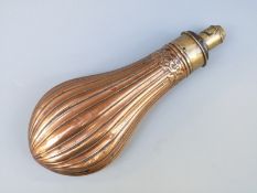 G & J W Hawksley copper and brass powder flask with embossed reeded decoration, 20.