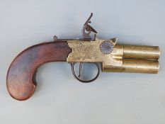 Cook of Bath brass flintlock tap action over and under pistol with named and engraved locks,