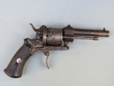 Belgian six shot pinfire revolver with chequered wooden grips, folding trigger,