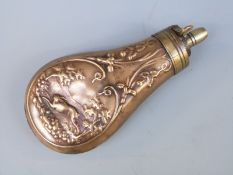 Copper and brass pistol powder flask with embossed decoration of hares running through the