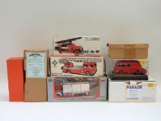 Eight diecast model fire engines including Russian OMO 1:43 scale truck,